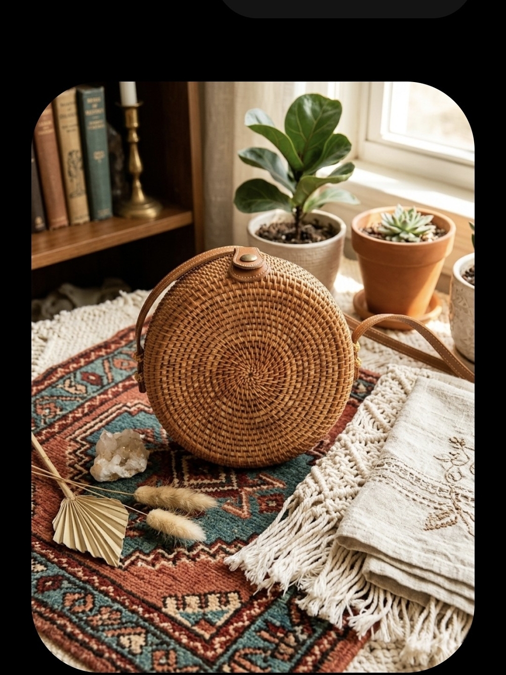 Round Woven Straw Crossbody Bag in Tan